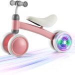 Colorful Lighting Baby Balance Bike, 1st Birthday Girl Gifts with 4 Silent Wheels & Soft Seat, Balance Bike 1 Year Old No Pedal, 12-24 Months Toddler Ride-on Toys, Baby Walker for Girls Boys, Pink