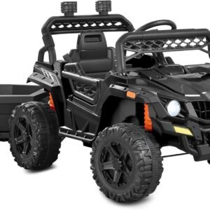 Kids 12V Electric Ride On  Car and Trr w/Parent Control, LED Lights, 2 Speeds, Bluetooth - Black