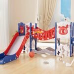 Toddler Slide,11 in 1 Kids Slide for Toddlers 1-3, Toddler Climbing Toys,New Upgrade with Golf Set, Basketball Hoop for Indoor Outdoor Playset (Blue Red)