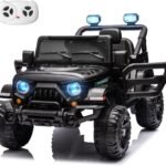 24V Kids Electric Ride on Truck Car Remote Control Twin 55W Motors 4MPH Max Speed, Bluetooth USB Music Player, 4 Wheels Suspension LED Lights Safety Belt, Gift for Boys Girls-Black