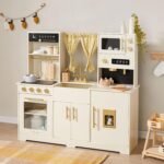 Play Kitchen for Kids, Toy Kitchen Set with Plenty of Play Features, New Modern Kids Wooden Play Kitchen Designed in Trendy Home Style with Curtains, Gift for Ages 3+