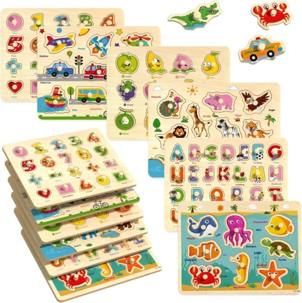 Wooden Peg Puzzles for Toddlers 2-4, 6 Pack Educational Peg Puzzles ...