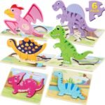 6 Pieces Set of Wooden Dinosaur Puzzles for Children 1-5 Years Old, Wooden Puzzles for Montessori Learning for Toddlers, Preschool Educational Toys, 3D Dinosaur Puzzles for Boys and Girls Gift