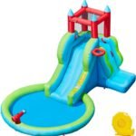 Inflatable Kids Water Slide, 5-in-1 Outdoor Blow Up Slide for Kids Aged 3-8 with Water Cannon, Basketball Hoop, Climbing Wall, Storage Bag & 350W Blower